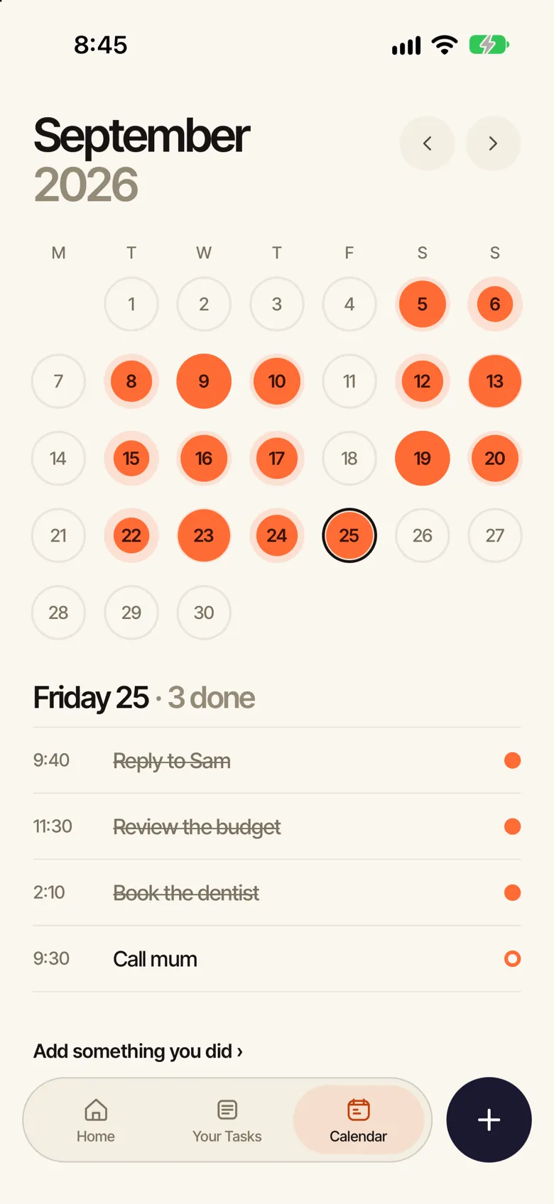The Calendar: a month of circles with coral suns, and today's flow below.