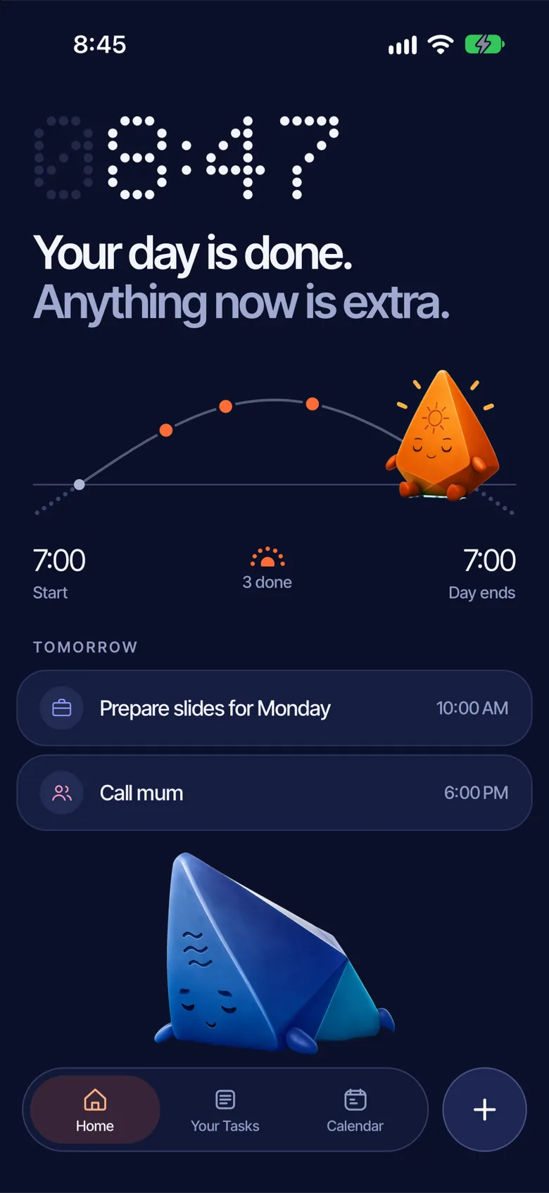 Night: the time in dot-matrix numbers, Your day is done, and Ra resting at the end of the day's path.