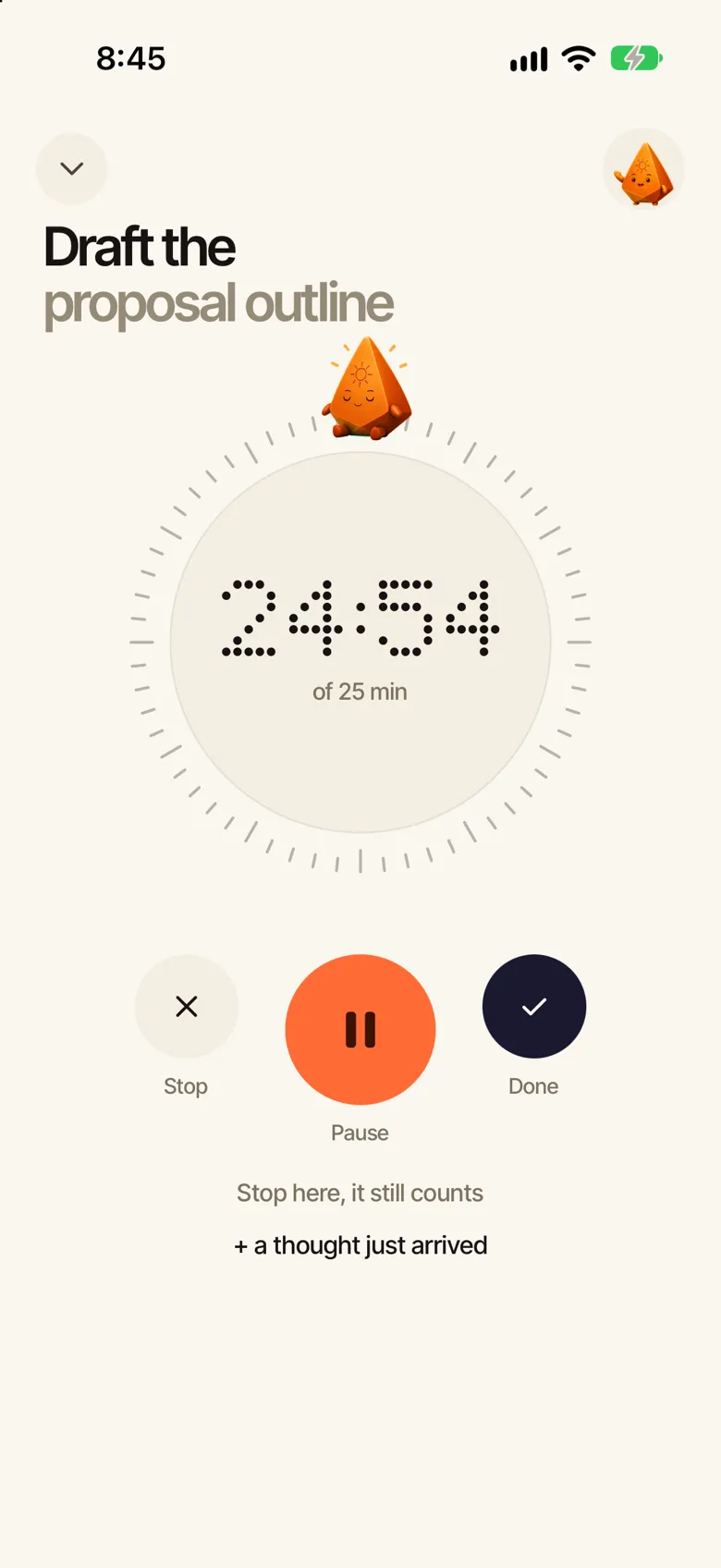 In a session: the time left inside a ring of ticks, Ra resting on the ring, and Stop, Pause and Done.