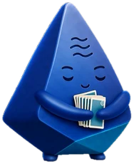 Nu hugging a small stack of cards